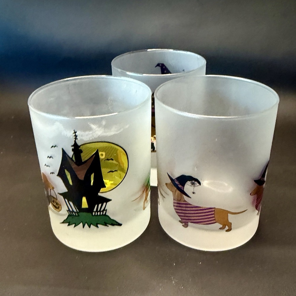 Culver Frosted Halloween Lowball Glasses Set of 3 Weiner Dog Puppy Spooky FUN
